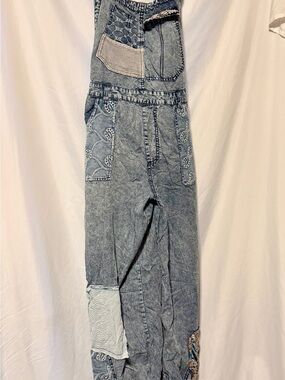 Acid Wash Denim Patchwork Overalls - Light Blue